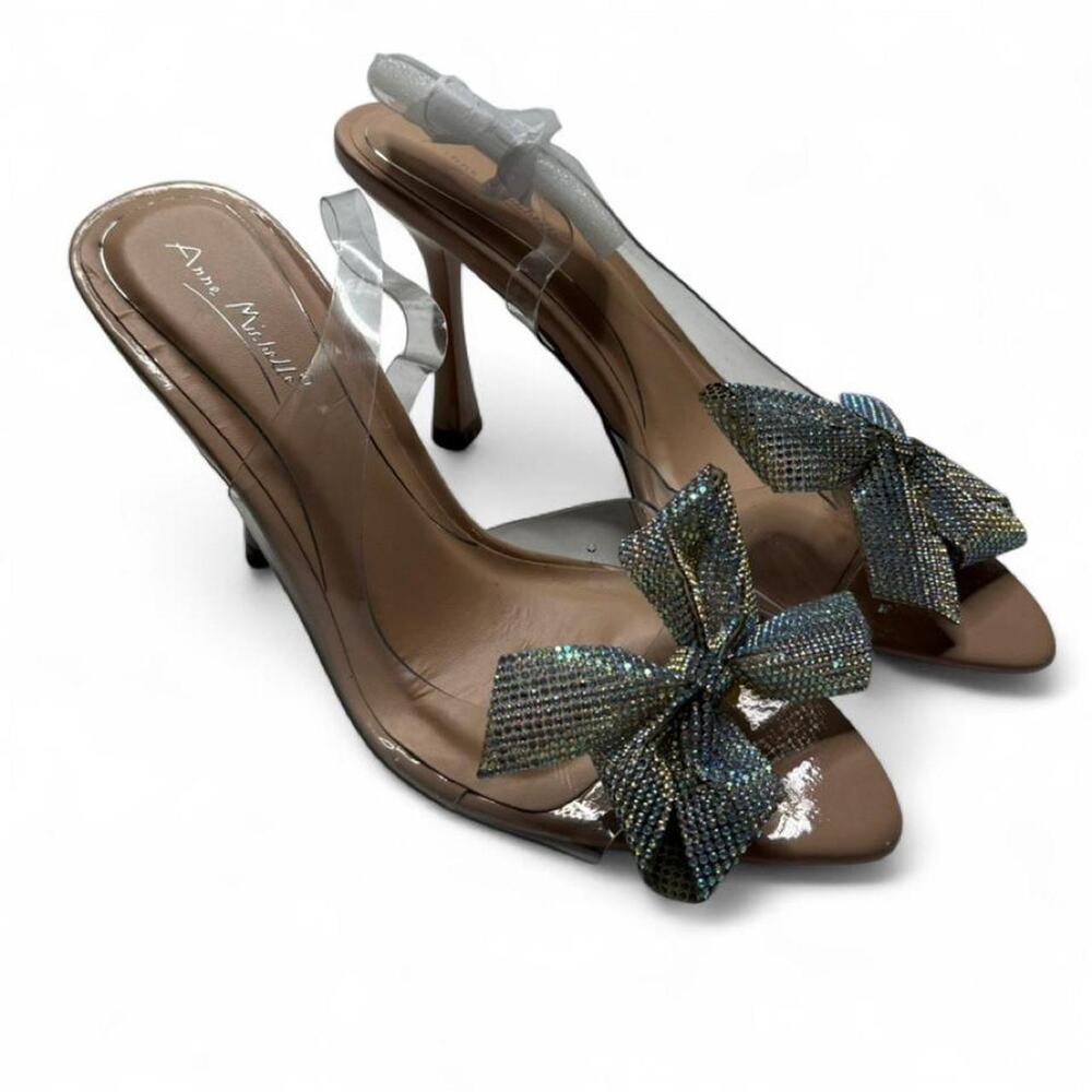Anne Michelle clear heels with cute iridescent bows never worn women’s size 6.5